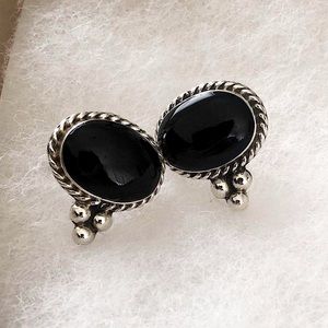 TAXCO Black Onyx Cabochon Sterling Silver Southwest Style Post Back Earrings